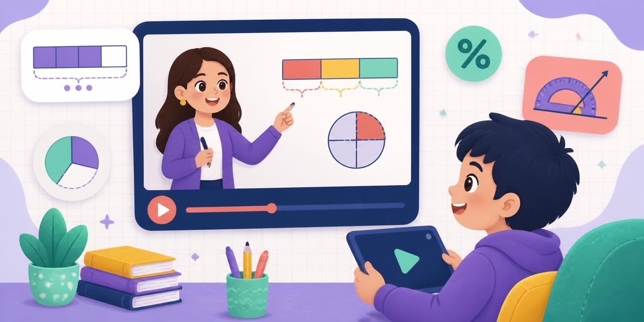 Illustration of a teacher explaining a bar model on a video screen while a child watches on a tablet