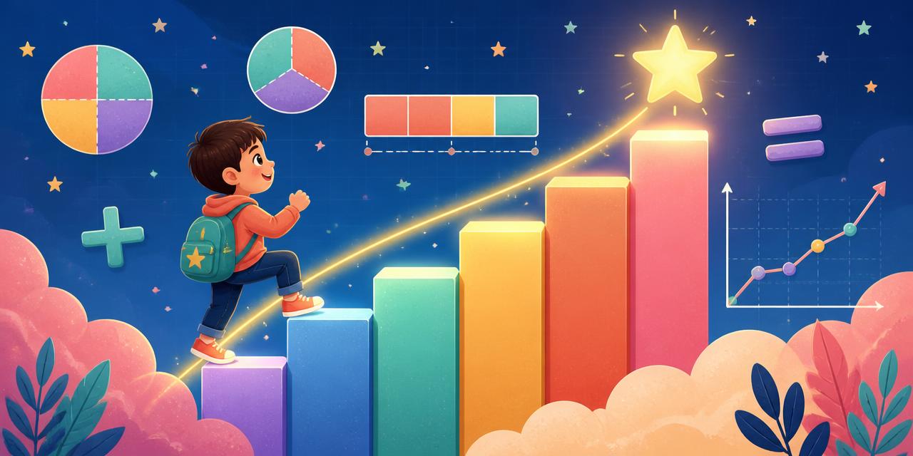 Illustration of a child climbing a staircase of progress bars towards a star, surrounded by fraction circles and bar models