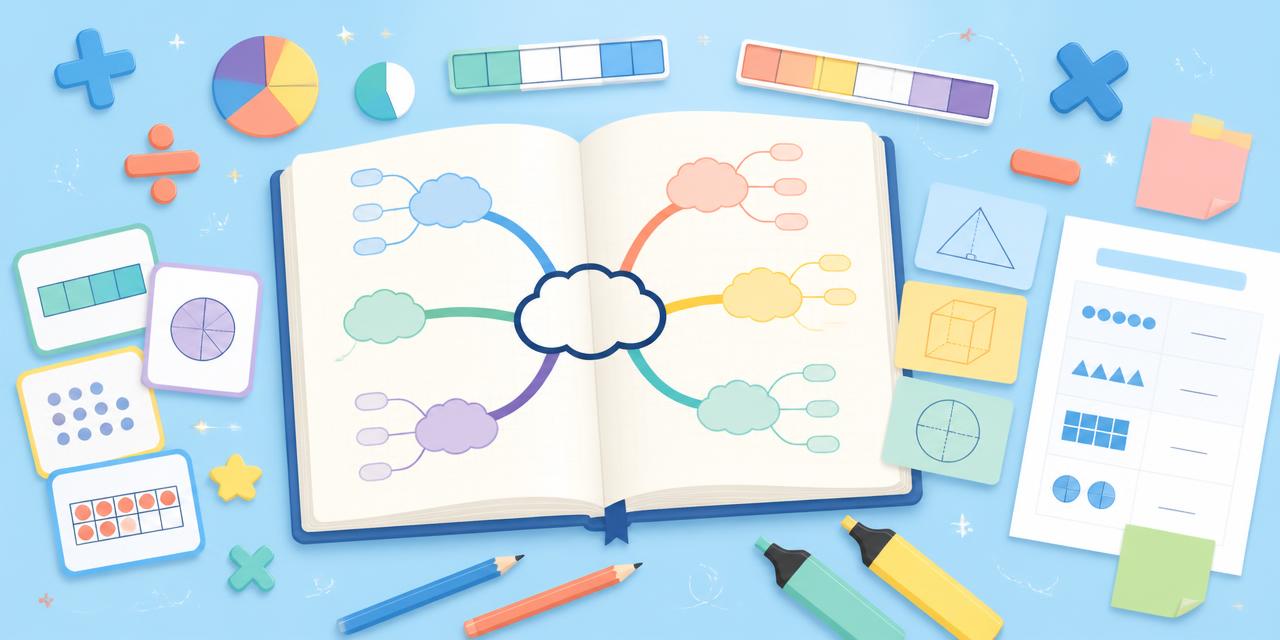 Illustration of an open notebook with a colourful mind map, flashcards, formula cards and worksheets